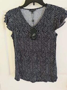 Adrianna Papell NWT Navy Confetti Print Layered Ruffle Sleeve Top Size Small